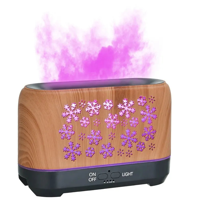 Wood grain snowflake pattern humidifier with colourful flame mist effect on desktop