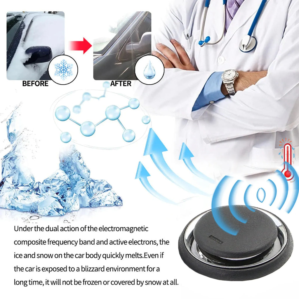 Black portable car deicing instrument 7.4 cm by 7.4 cm on a flat surface