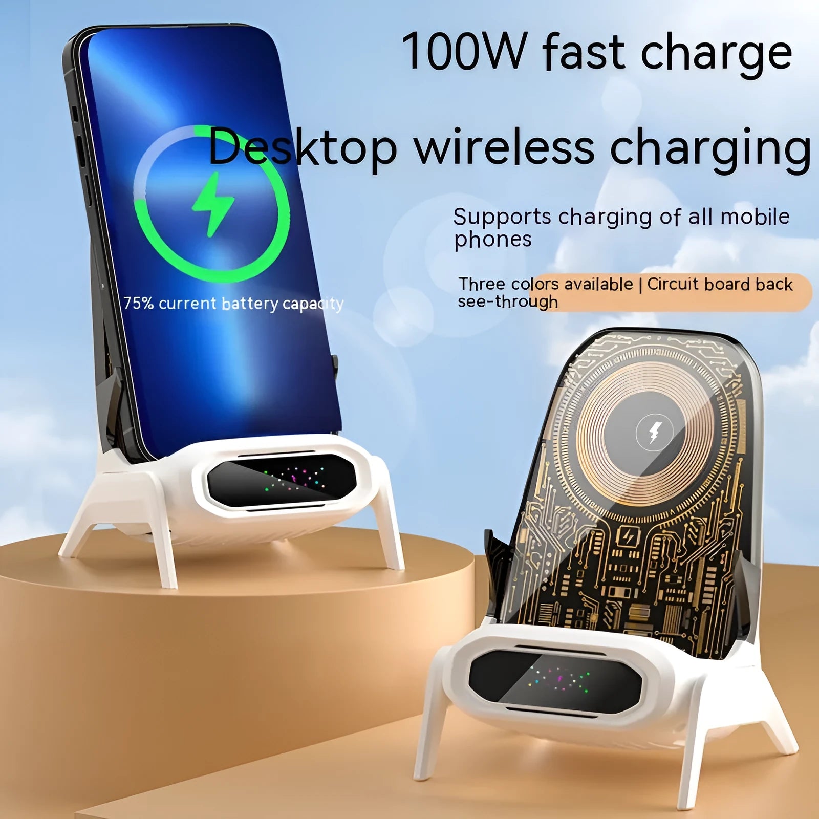 Transparent small chair wireless charger phone stand in white, pink, and blue colours with 100W magnetic suction quick charging