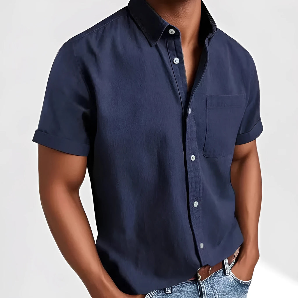 Single-breasted short sleeve loose fit shirt for men in khaki cotton blend fabric