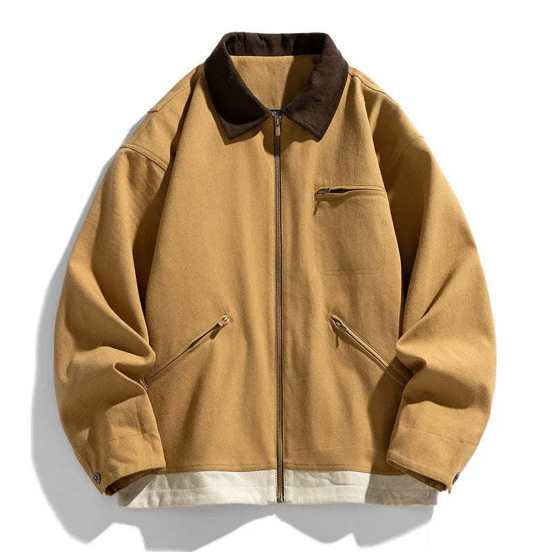 Men's American retro workwear jacket with contrast lapels in loose fit, shown in available colour options