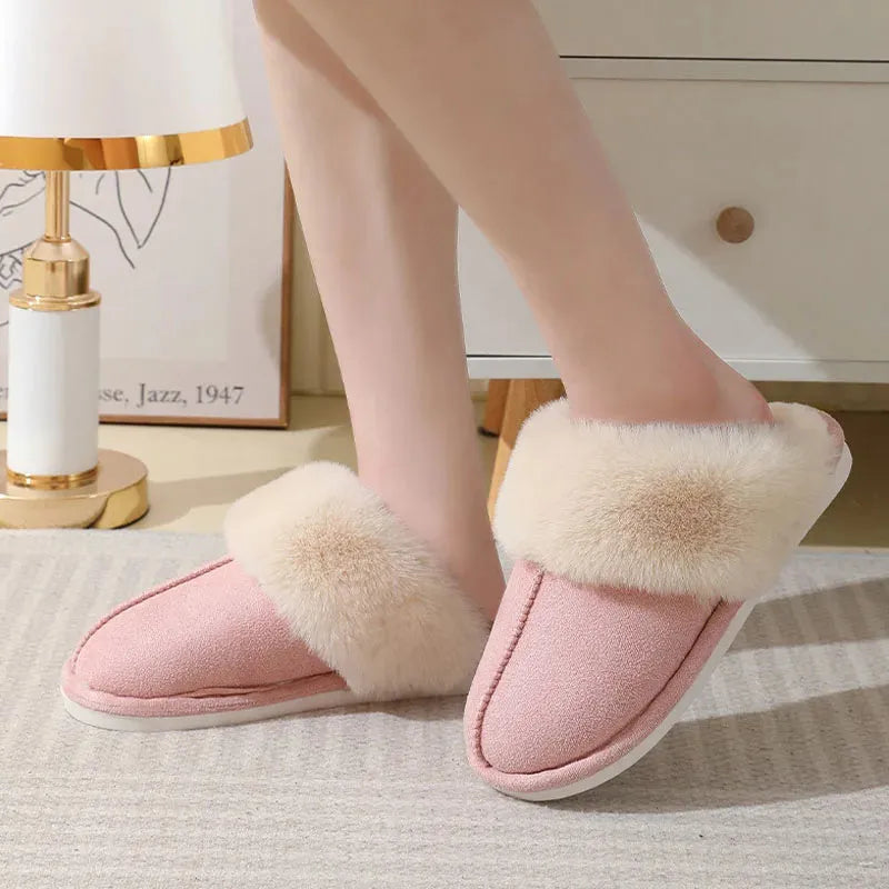 Women's plush winter slippers with artificial wool lining and anti-slip PVC soles in multiple colours