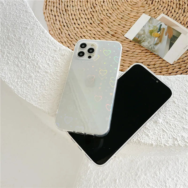 Transparent silicone iPhone case with laser love pattern design showing butterfly and clear options