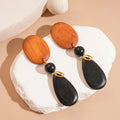 Handmade wooden elliptical earrings in silver needle-brown-black colours with retro European American style