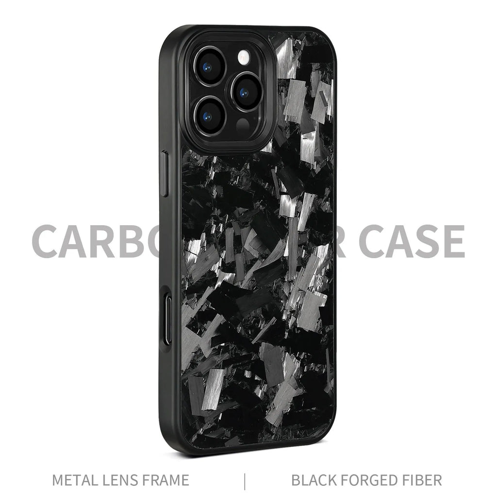 Metal frame forged pattern carbon fibre iPhone 17 protective case with magnetic attachment in black frame blue gold colour