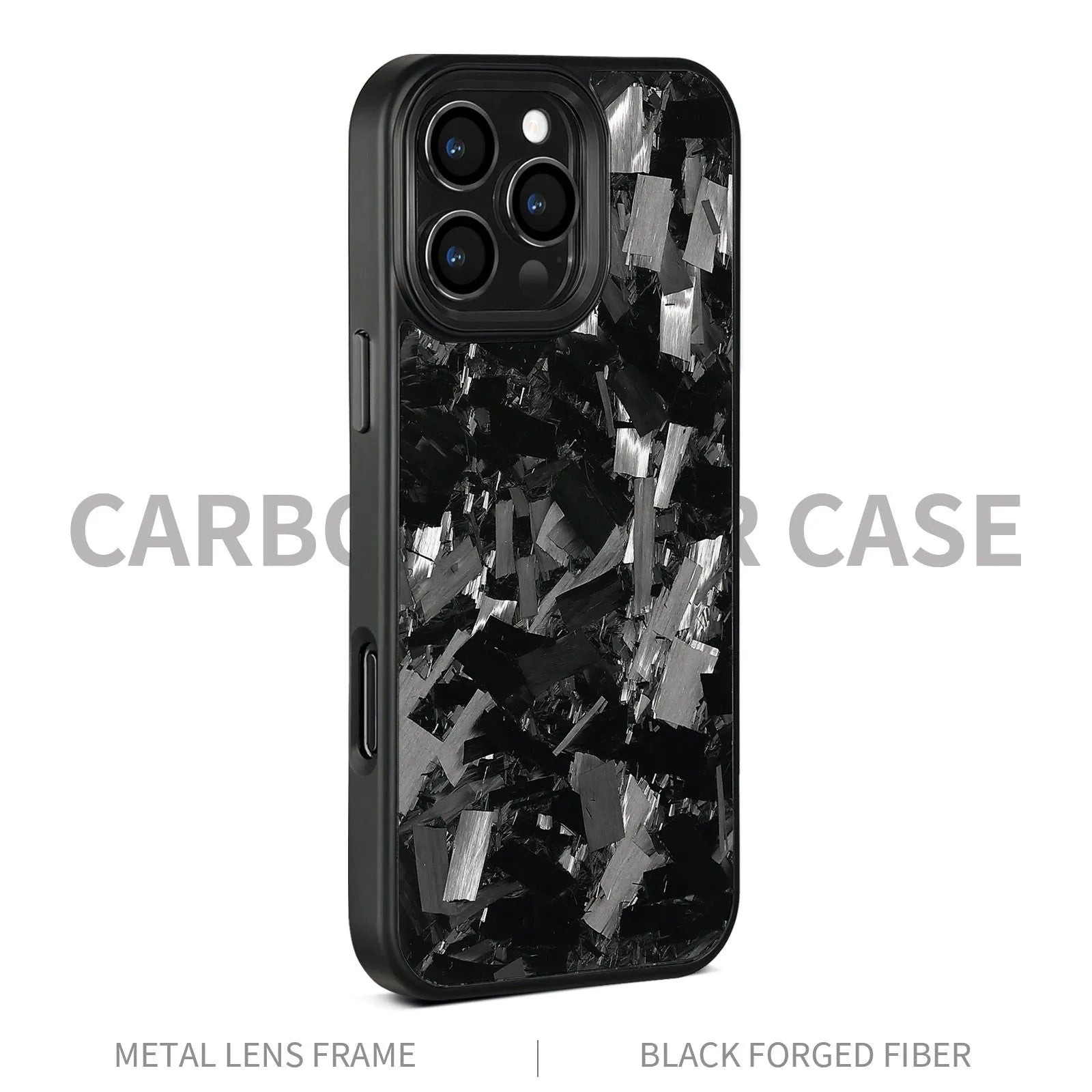 Metal frame forged pattern carbon fibre iPhone 17 protective case with magnetic attachment in black frame blue gold colour