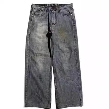 Men's grey washed-out wide-leg jeans with straight cut and American retro styling