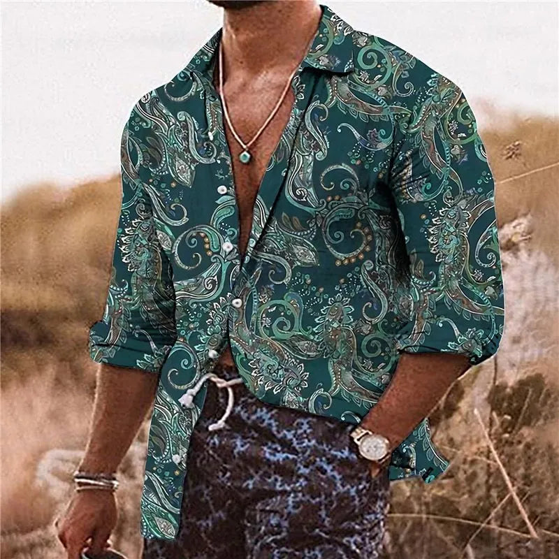 Man wearing a loose-fit long sleeve shirt with a detailed 3D floral digital print pattern.
