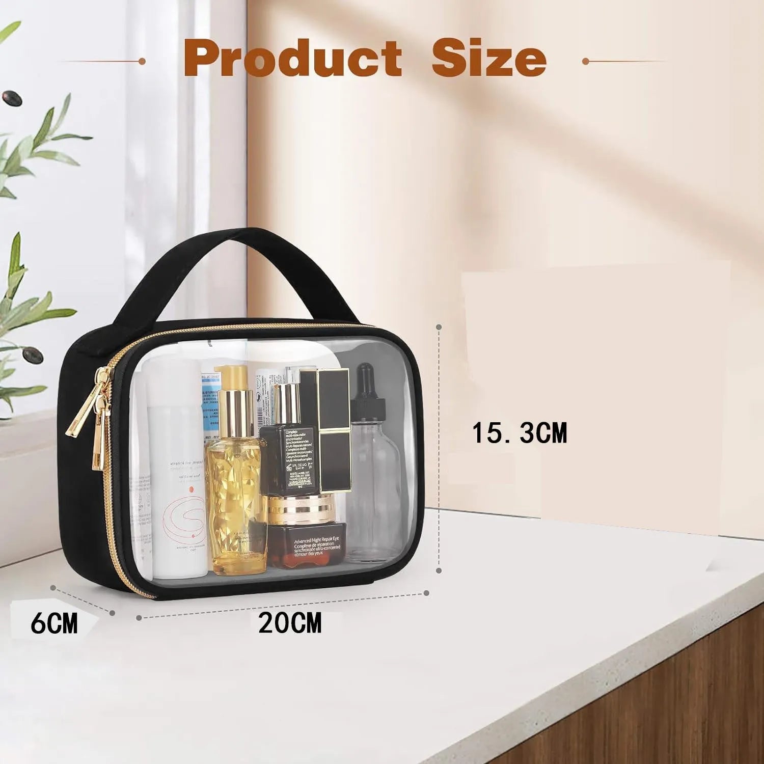 Transparent PVC lipstick storage bag with chain closure in 7.85 inch size showing cosmetic organisation