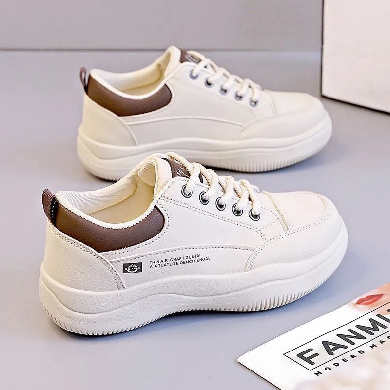 Women's Korean-style leather pumps with cross strap design and round toe in khaki and white colour options