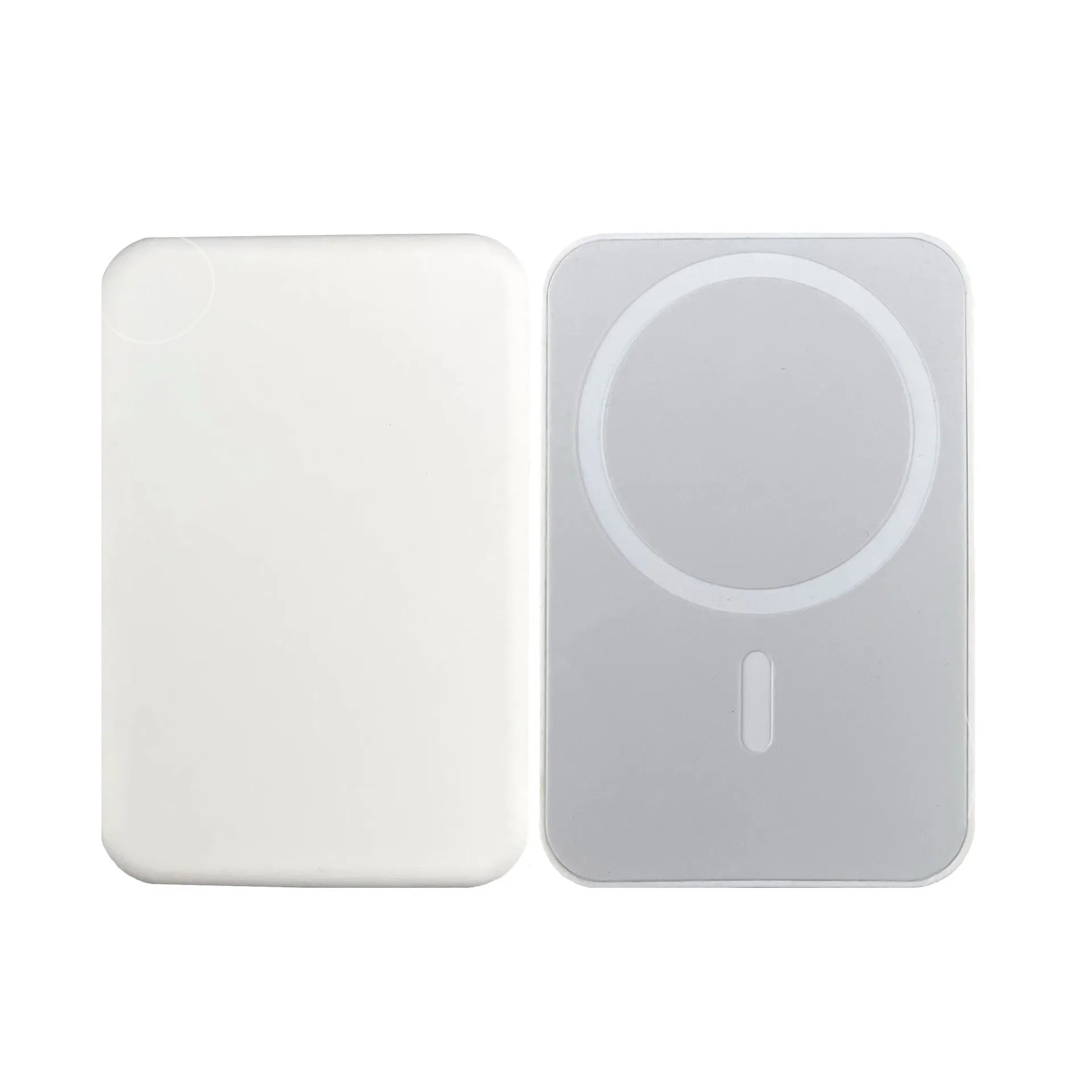 White portable magnetic wireless charger power bank showing compact design and charging surface