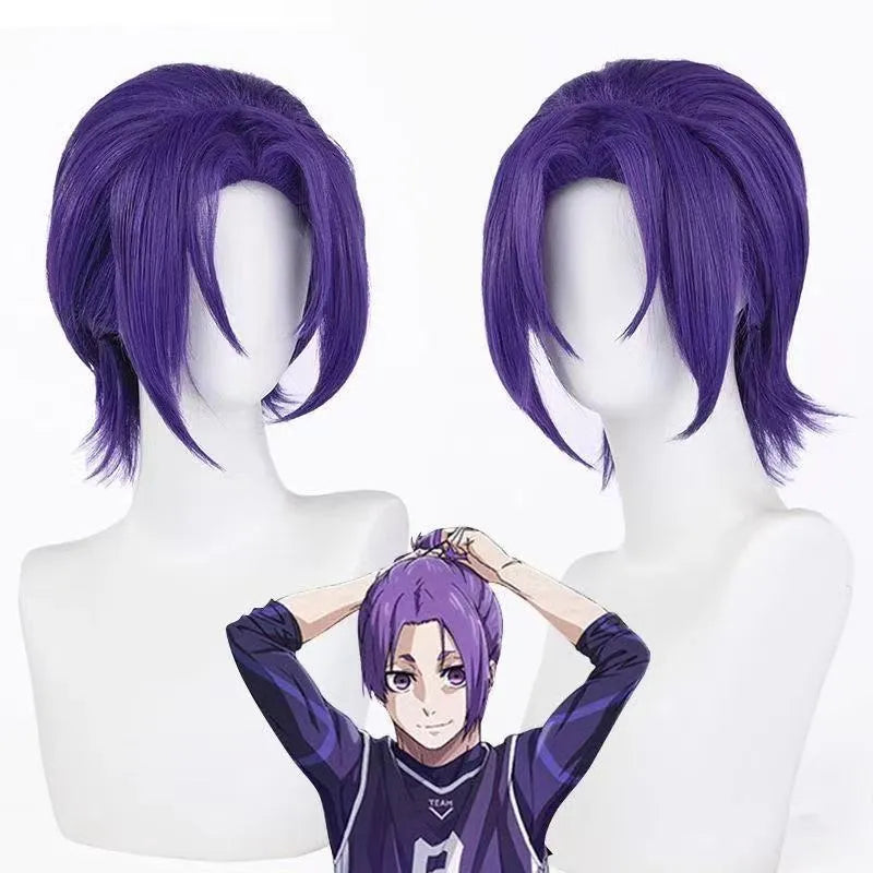 Purple short straight high temperature fibre cosplay wig on a mannequin head