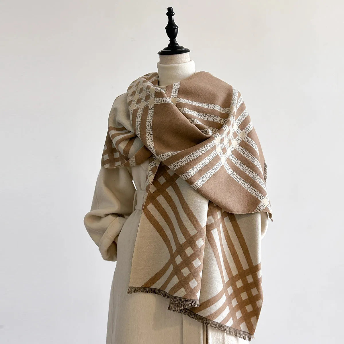 Qianjin imitation cashmere scarf 185x65cm with tassels in brown, black, black camel, and khaki colours