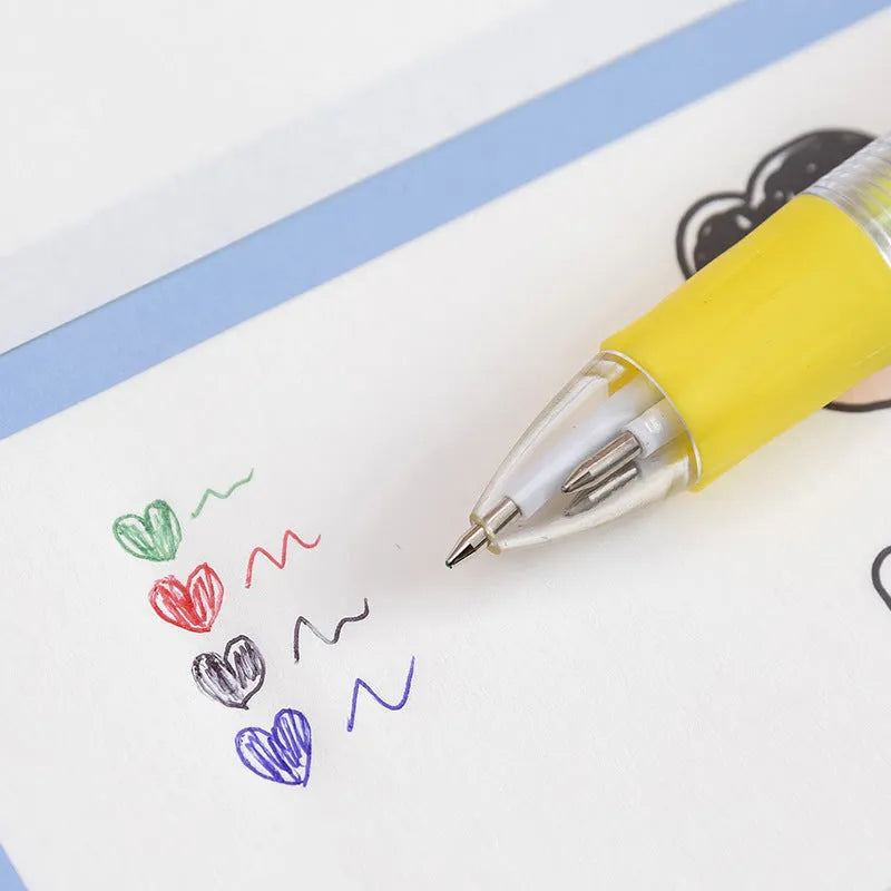Cute cartoon-themed four-colour press-action ballpoint pen with plastic and silicone body.