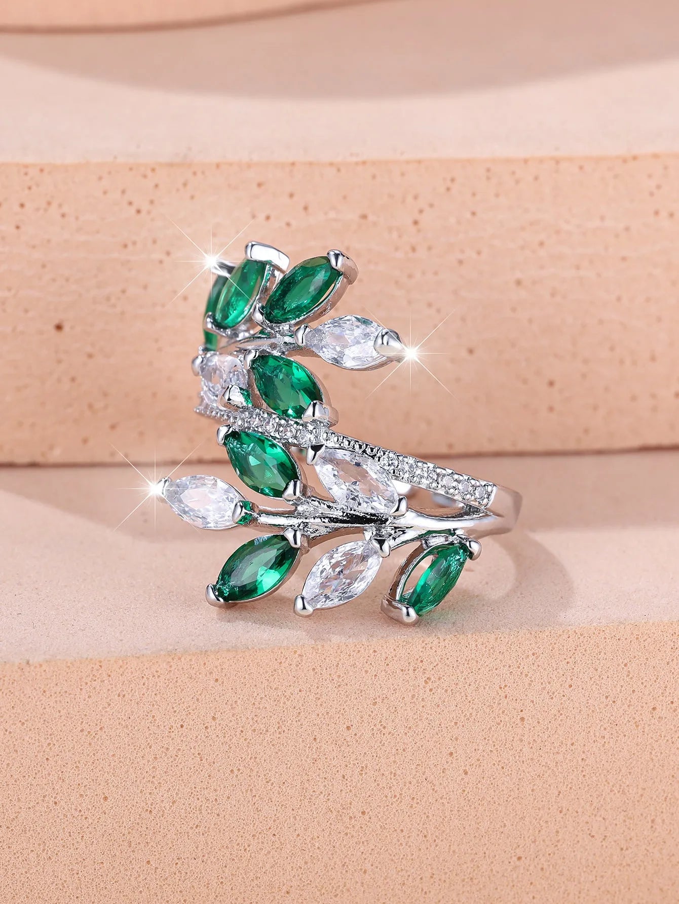 Adjustable horse eye zircon leaf fashion ring in copper with cubic zirconia stones
