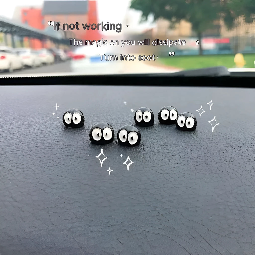 Small black cartoon-style briquette car decoration made of resin with adhesive tape.