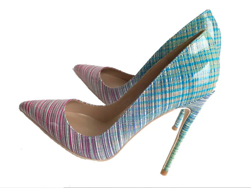 Women's pink-blue gradient patent leather high heels with pointed toes and choice of heel heights