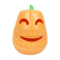 Orange Halloween pumpkin shaped dog chew toy with a funnel opening for treats.