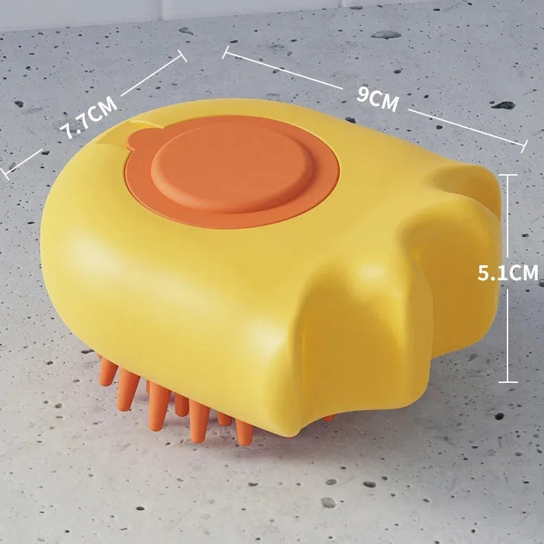 Blue plastic pet bath brush with built-in shampoo box and comb head