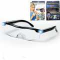 Transparent black USB LED reading glasses with built-in light on frame.