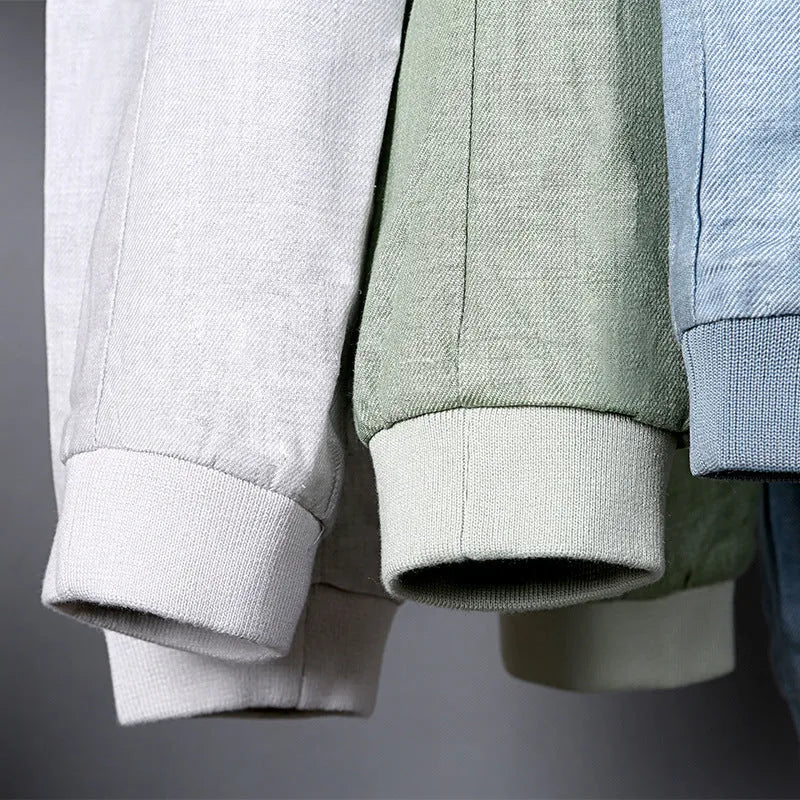 Men's thin cotton linen jacket in heather gray, grass green, or blue colours with regular fit