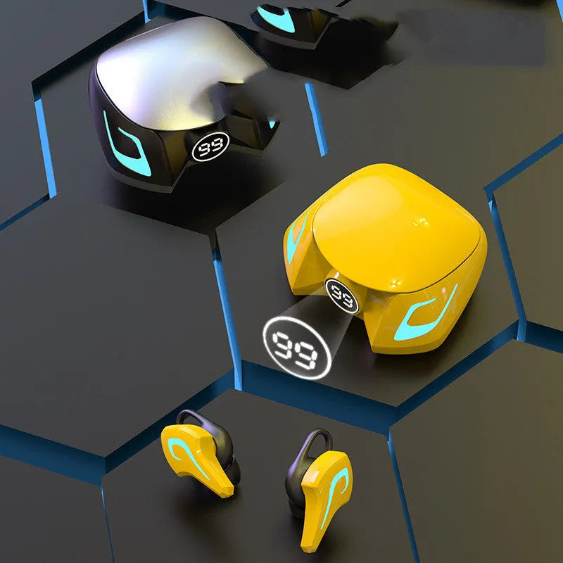 Bluetooth gaming headset with colourful ear cups in black, grey, or yellow colour options showing wireless design