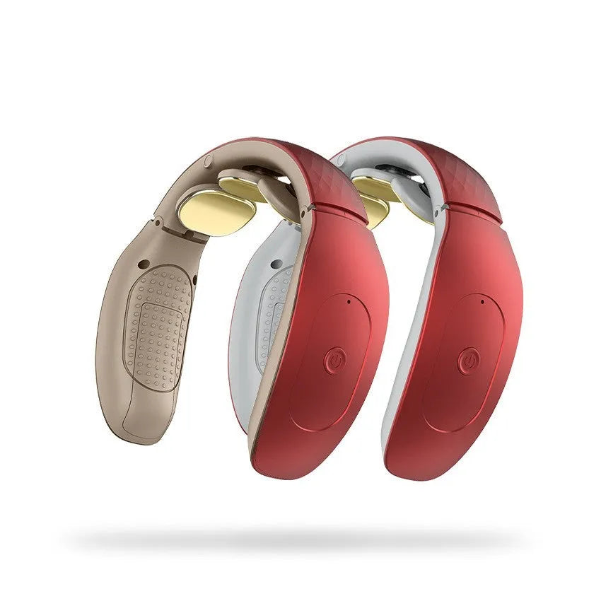 Small handheld intelligent cervical massager in red or white with battery and computer controls.