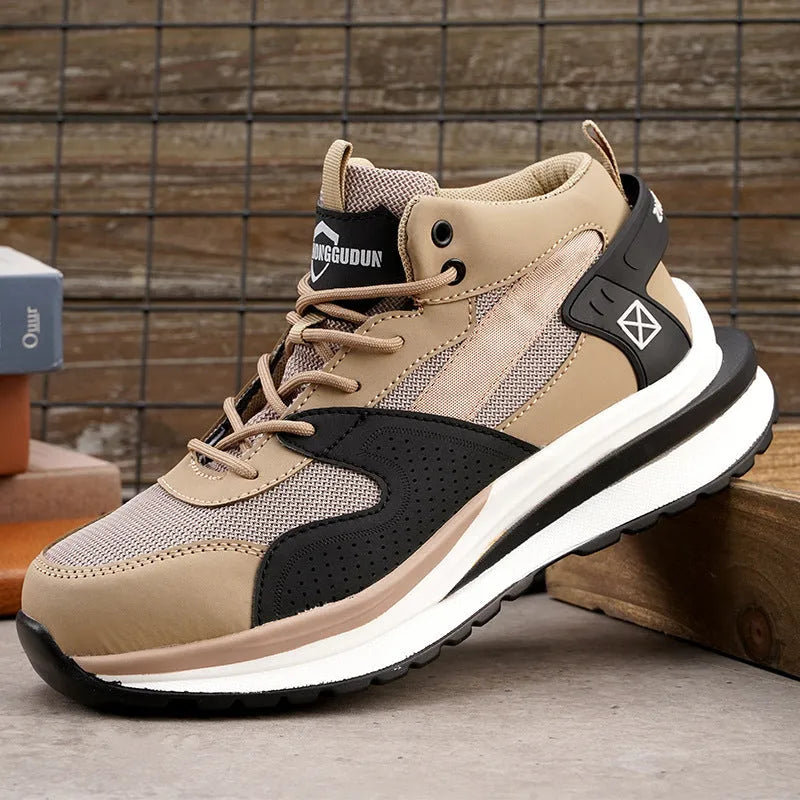 Anti-smashing steel toe labour protection shoes, flat knitted upper, rubber sole, low top, available in black brown grey