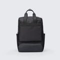 Black Oxford cloth computer backpack showing laptop compartment and storage organisation