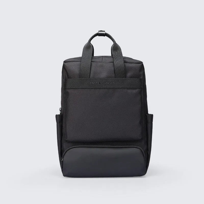 Black Oxford cloth computer backpack showing laptop compartment and storage organisation