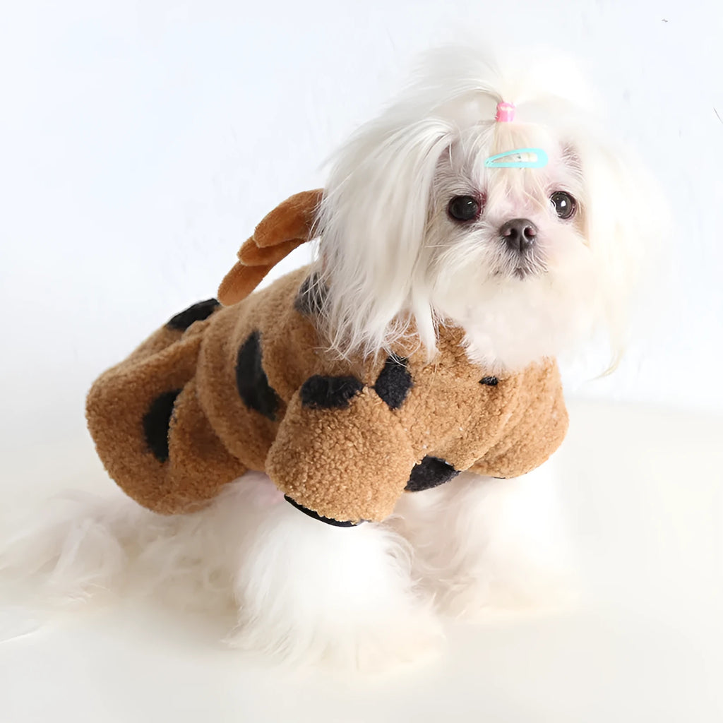 Polka dot elk couple print pet clothing for dogs or cats in skirt and four-legged styles.