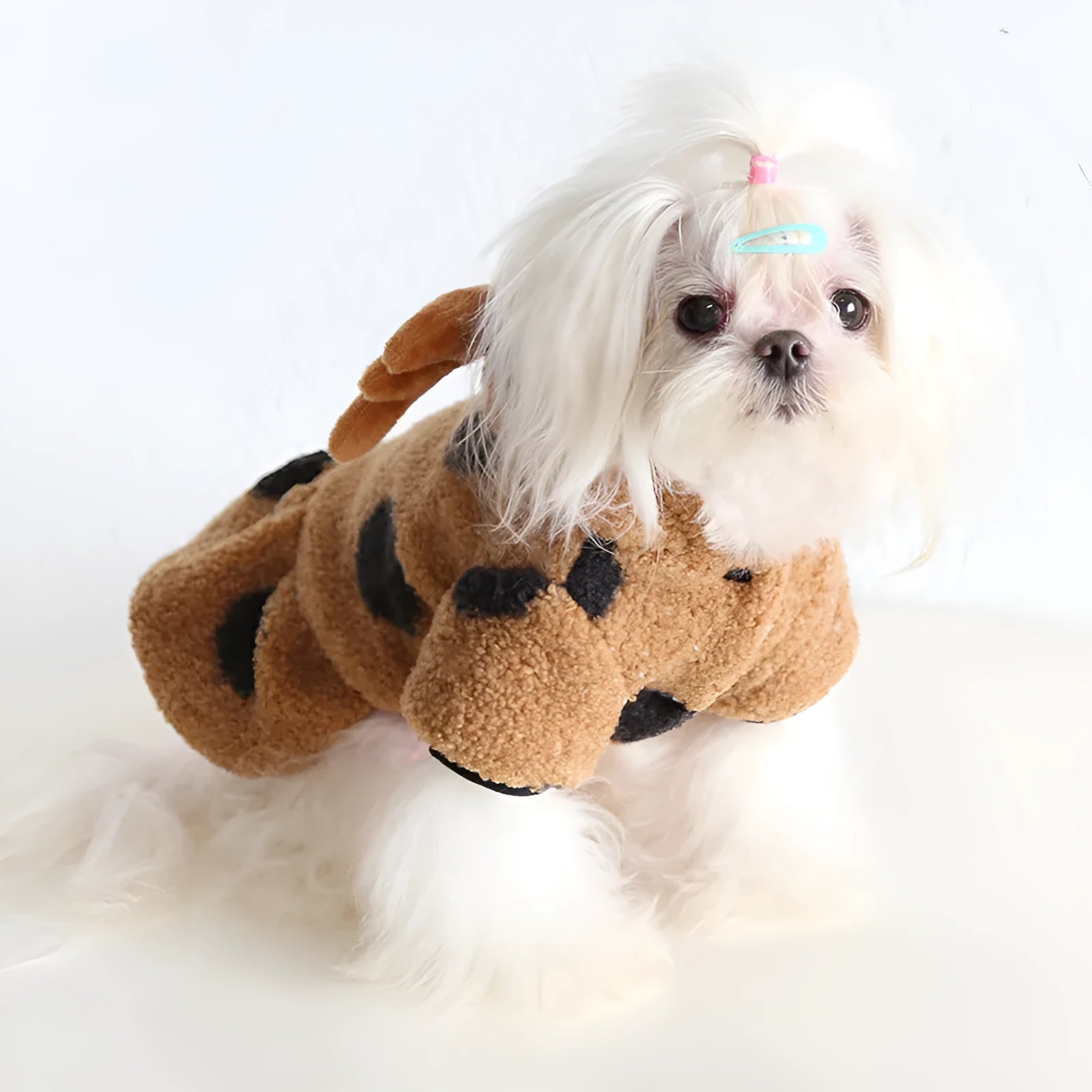 Polka dot elk couple print pet clothing for dogs or cats in skirt and four-legged styles.