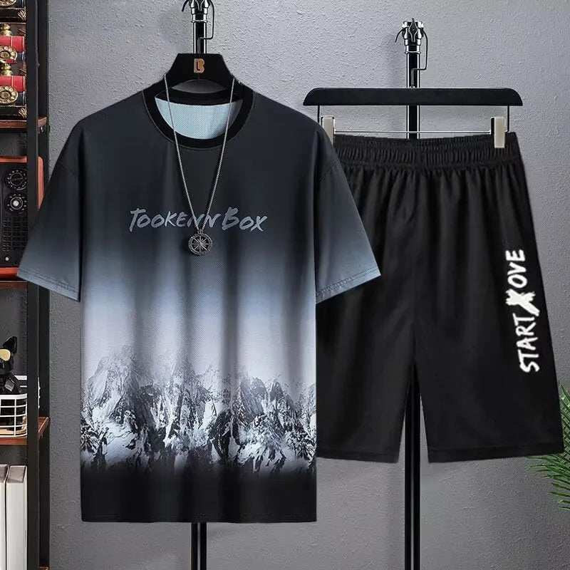 Men's polyester shorts suit summer set with short sleeves and matching shorts in light fabric