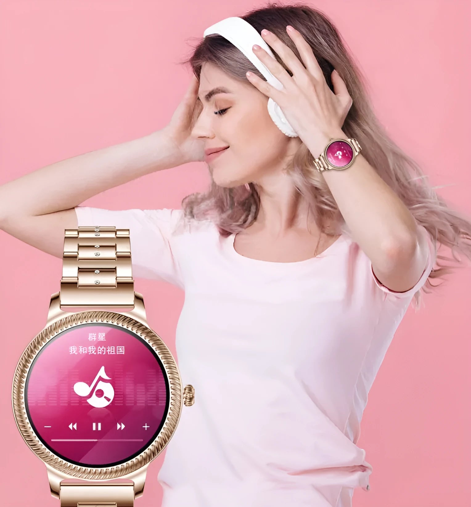 AK38 ladies smart watch with stainless steel band showing on wrist, screen displaying time.