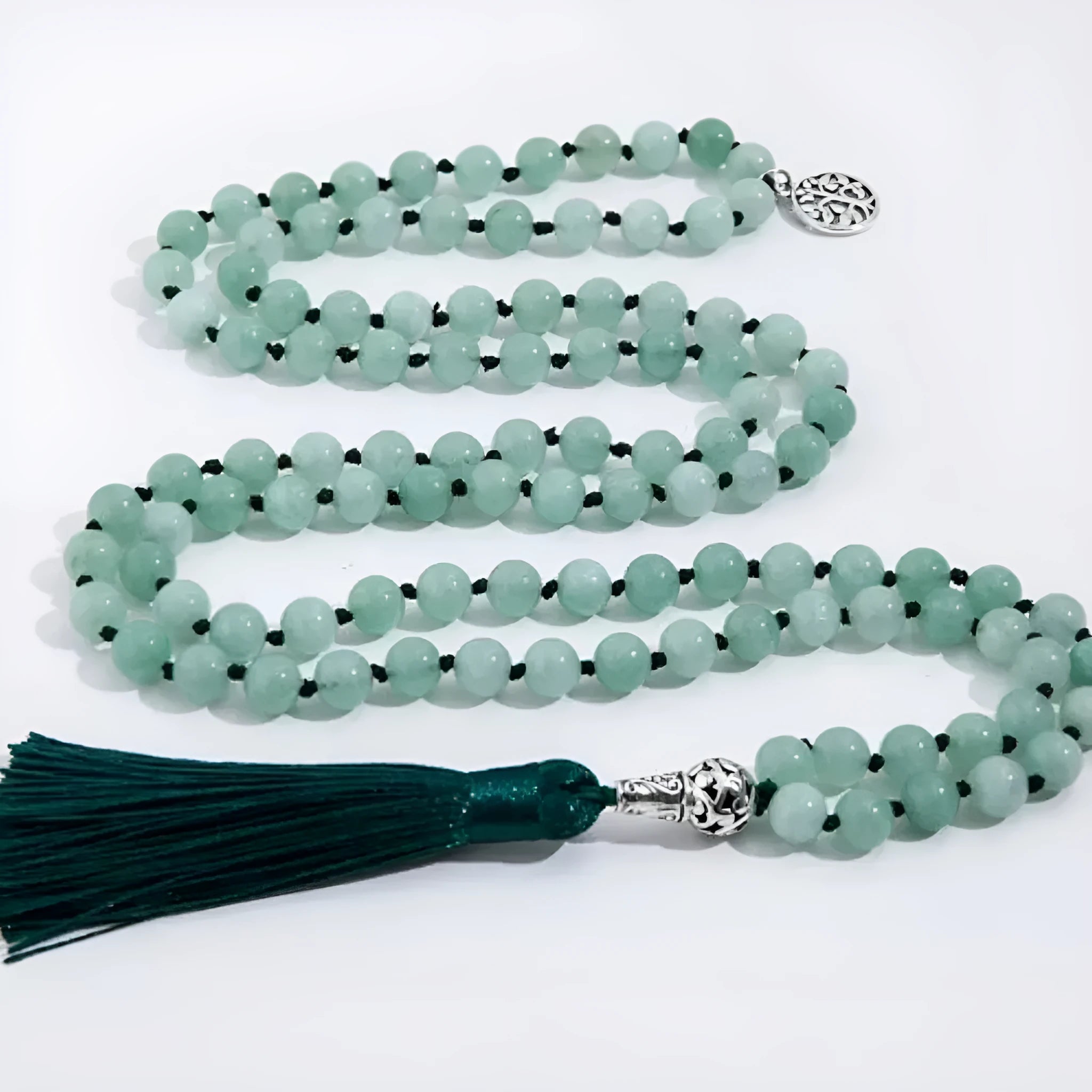 Handmade knotted beaded necklace with 108 natural stone beads in a simple geometric style on a white background