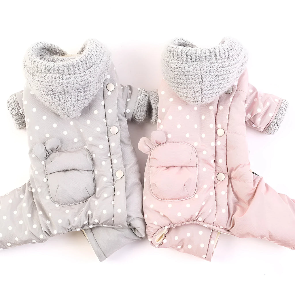 Four-legged small dog padded coat in thick cotton with loose fit, shown in grey colour option