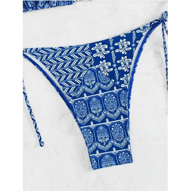 Women's bandage design bikini swimsuit with printing stitching detail in polyester material