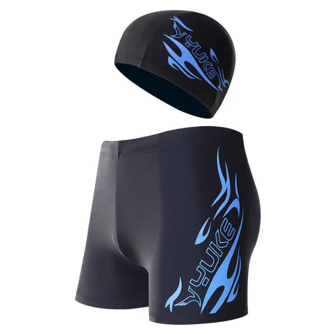 Men's plus size patterned swim trunks with fire graphics in blue or red on black background