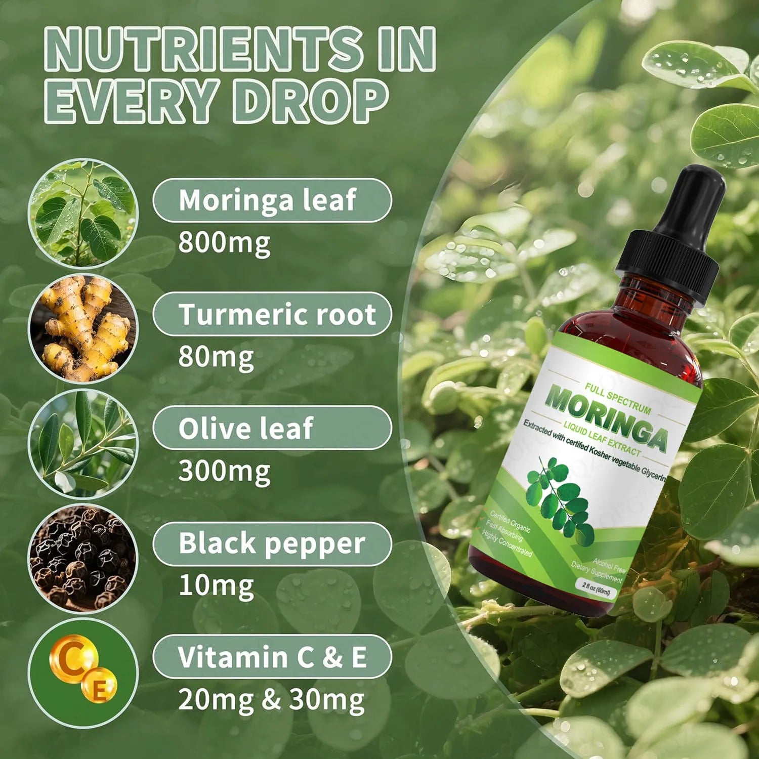 60ml bottle of certified organic Moringa leaf extract drops with dropper, deep green-brown liquid