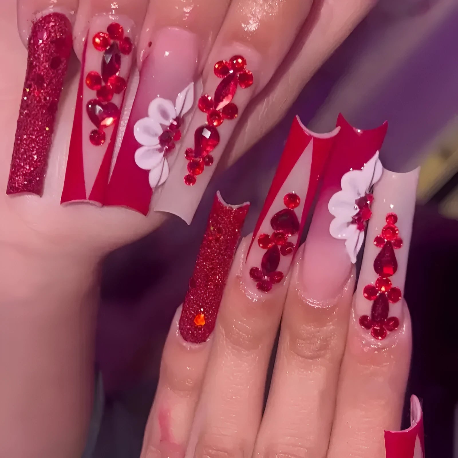 Press-on false nails with sweet floral patterns and red diamond accents in European Square long style
