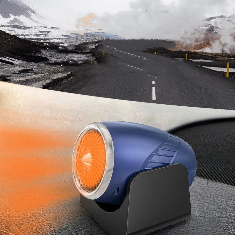 Navy blue 12V car heating fan with large air outlet for windshield defogging and frost removal