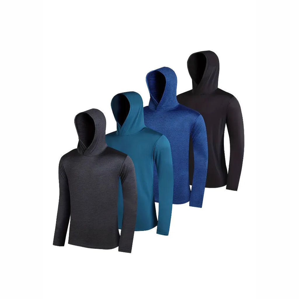 Four men's lightweight hoodies folded, showing elastic polyester fabric in a solid colour.