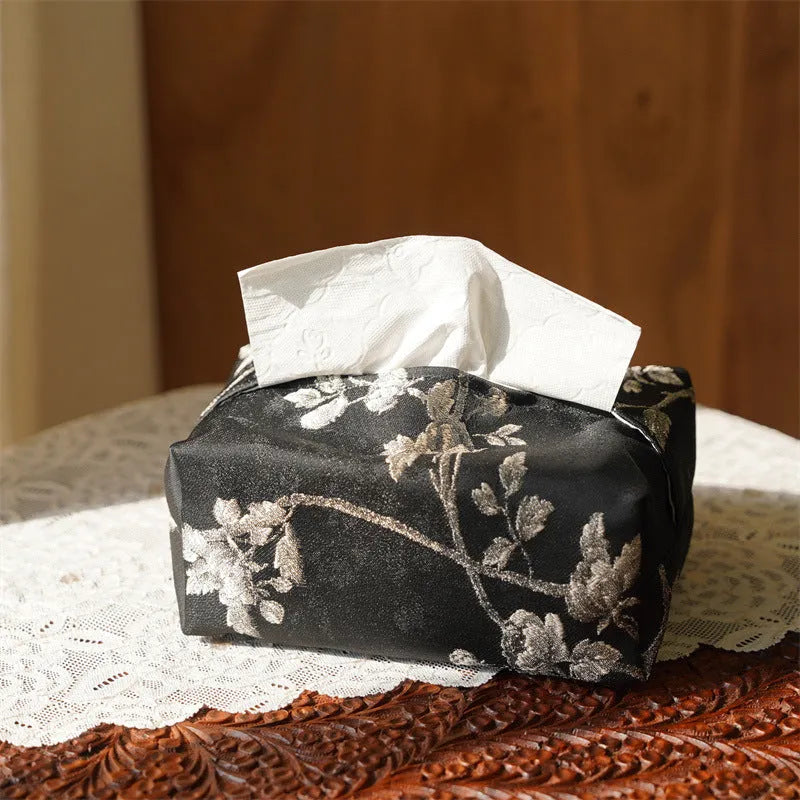 New Chinese style brocade fabric tissue box with embroidered white plum pattern, measuring 17x6.5x10cm