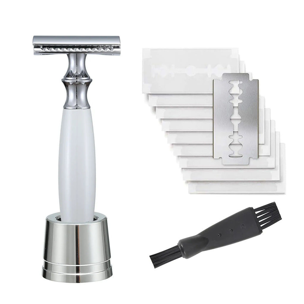 Men's manual safety razor with olive wood handle and zinc alloy blade in Silver Pearl White finish