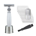 Men's manual safety razor with olive wood handle and zinc alloy blade in Silver Pearl White finish