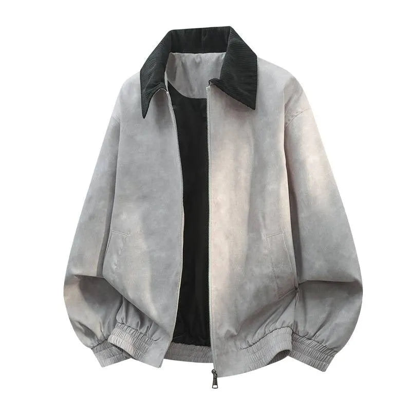 Men's black stitching lapel casual jacket with side pockets and straight hem on a hanger