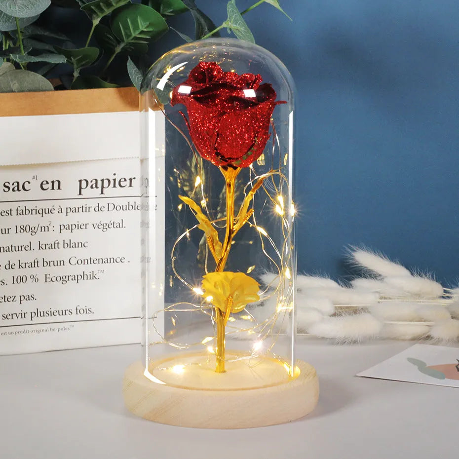 Eternal rose in glass cover with warm white LED strip light, six colour options, Valentines gift