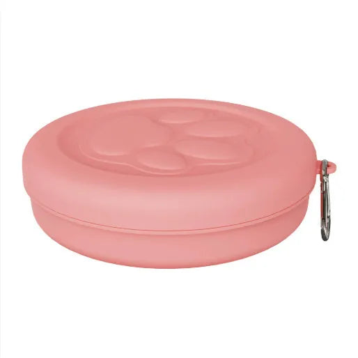 Portable dog bowl with snack box compartment in two-tone light green colour