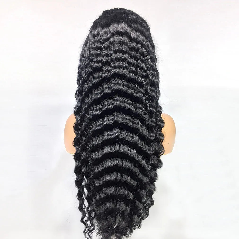 Deep wave human hair lace frontal wig in black, machine made, 14 inches long, with straight bangs