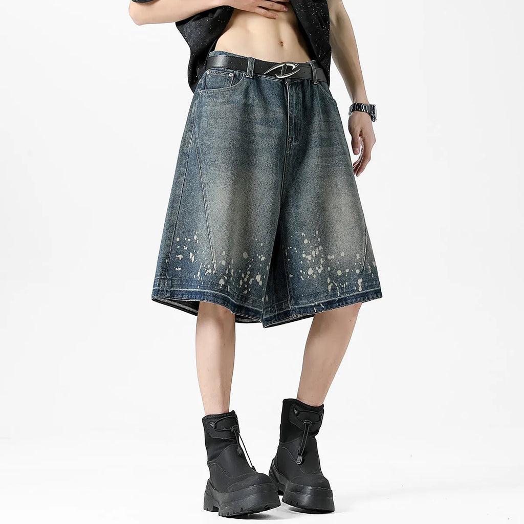 Retro washed ripped splash ink five points denim shorts for men in retro blue straight fit